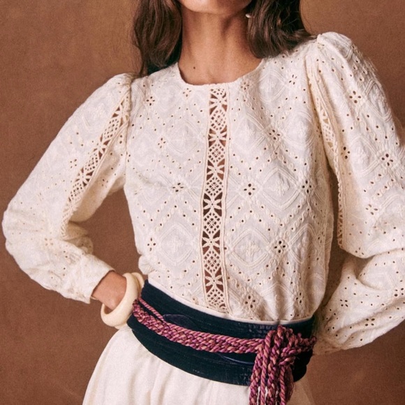 SEZANE White Ecru Floral Eyelet Embroidered Lace Cotton Scarlett Blouse Top - Picture 5 of 17